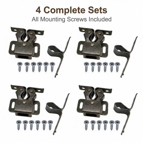 4 Pack Cabinet Latch Double Roller Catch Quiet Spring-Loaded with screws, brown antique copper finish, shown in four sets