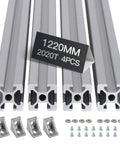 Four Pack 1220mm T Slot 2020 Aluminum Extrusion Silver For DIY Builds Heavy Duty Anodized Channel Profile With European Standard Slots And Smooth Wear-Resistant Finish, four silver profiles with brackets