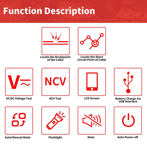 Features of Underground Cable Locator and Wire Tracker NF826 for Dog Fence Cables, Pro Grade Cable Tester shown in icons