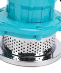 Close-up of Top Shelf Stainless Steel Submersible Sump Pump For Basement Drainage Featuring Quiet 115V Motor and heavy-duty metal base.