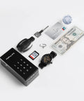Outdoor Key Lock Box With Digital Lock IP66 Waterproof Safe displayed with valuables like a watch and cash for key hider use