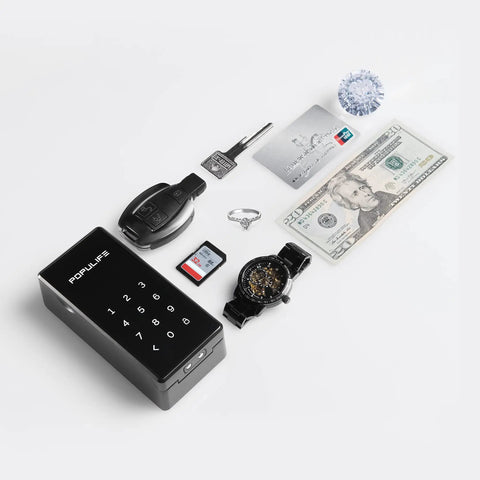 Outdoor Key Lock Box With Digital Lock IP66 Waterproof Safe displayed with valuables like a watch and cash for key hider use