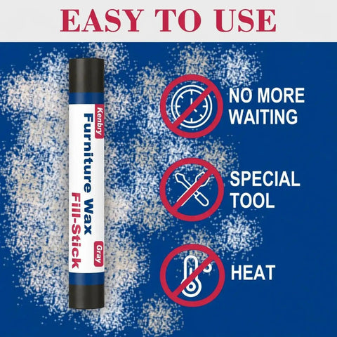 No Fuss Wood Filler Sticks Kit Featuring Three Practical Gray Tones For Swift Furniture Touch Ups Easy Rub And Buff Scratch Repair And Nail Hole Patching For Dependable DIY Wood Projects on a blue background, featuring a gray wax fill stick.
