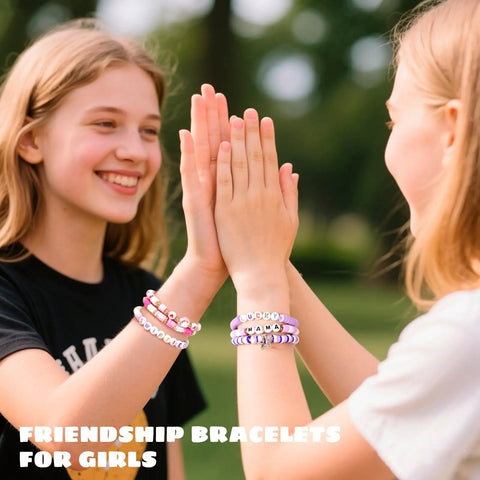 Two girls wearing bracelets from Fun DIY Bracelet Making Kit With 5000 Beads And Charms For Beginners And Kids 6 To 13.
