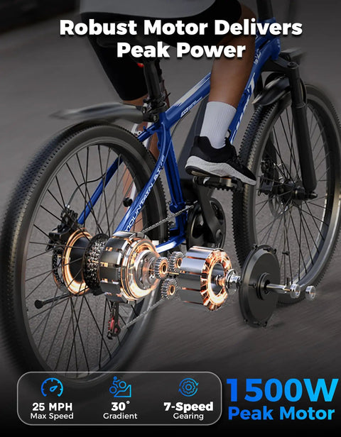 Close-up of Beast Mode 1500W Peak Mountain Electric Bike showing motor and gearing system on rear wheel.