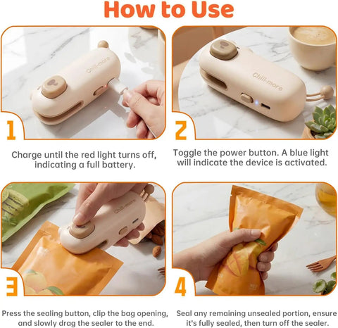Step by step guide for using Two In One Mini Rechargeable Bag Sealer With Magnet Compact Heat Sealer For Chips And Snacks Portable Kitchen Sealing Machine For Home And On The Go