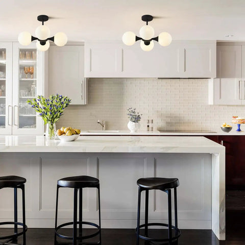 Mid Century Modern Semi Flush Mount Ceiling Light Fixture Farmhouse Black Globe Sputnik Chandelier With Four Milk Glass Globes For Hallway And Living Areas Dope Glow installed in modern kitchen