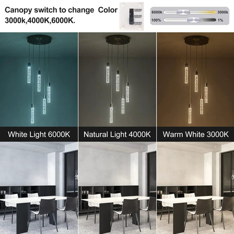 Five Light Kitchen Island Pendant Lights with dimmable 3000K 4000K 6000K color temperature in various lighting tones