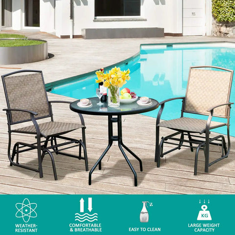 Outdoor Glider Chairs Set Of 2 With Sturdy Metal Frame And Breathable Mesh by poolside with table in a backyard setting
