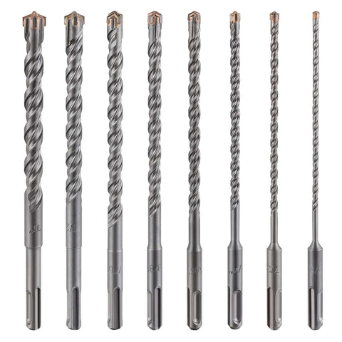 Nine carbide-tipped concrete drill bits with twisted flutes and 3/8-inch shanks, arranged in a row