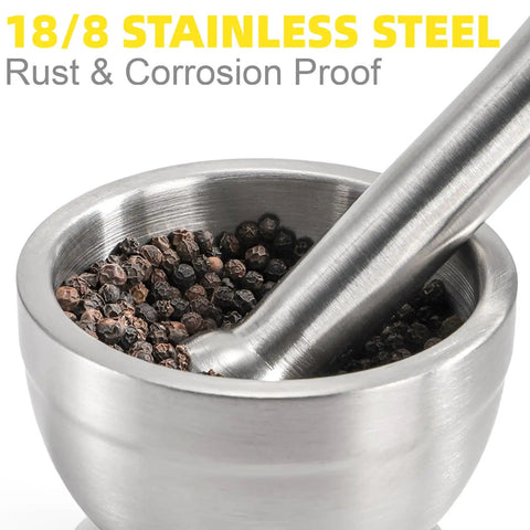 18 By 8 Stainless Steel Mortar And Pestle Set With Brushed Finish Durable Non Slip Base Rustproof No Residual Taste Easy To Clean