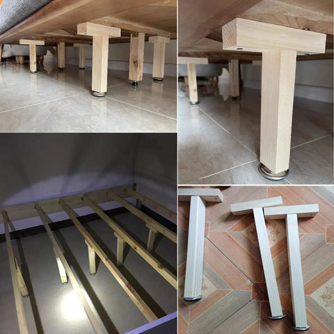 Adjustable T Shaped Furniture Leg Set for Beds, Cabinets and Tables, Solid Wood Built Tough Heavy Duty Replacement Legs, Easy Install, DIY Friendly, Height Adjustable 1 to 2 cm, Stable Support for Home Decor and DIY Projects shown under bed frame.