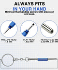 No Sweat 3 In 1 Eyeglass Repair Kit Keychain Screwdriver with hardened steel bits for versatile use, shown with Phillips, flat, hex heads.