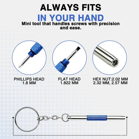 No Sweat 3 In 1 Eyeglass Repair Kit Keychain Screwdriver with hardened steel bits for versatile use, shown with Phillips, flat, hex heads.