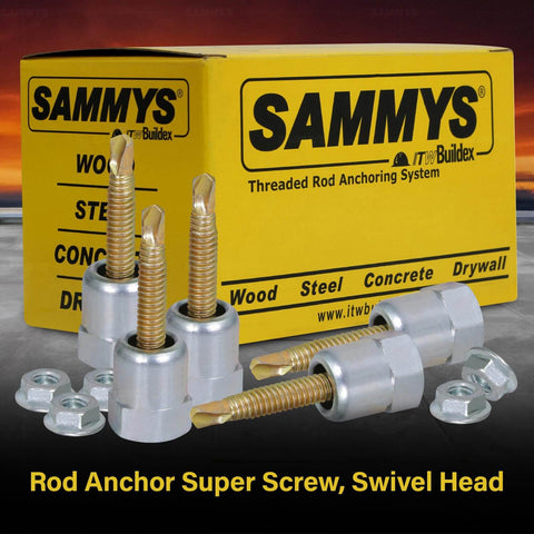 Sammys 8137957100 SH DSTR One And Three Eighths Inch Screw Swivel Expandable Threaded Rod Anchor For Pipe Hangers Installs At 17 Degree Angle Off Vertical Electro Zinc Finish No Bracket Assembly Required Pack Of 100 displayed with screws and washers