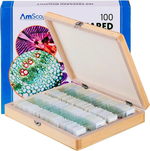 100 Prepared Biology Slides Set For Students And Homeschoolers Glass Microscope Slides With Cedar Wood Storage Case displayed