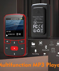 64GB Clip MP3 Player With Bluetooth Five Point Three displaying music screen and back view, red portable design