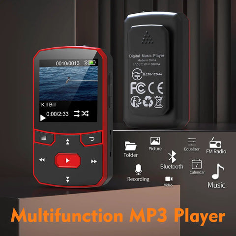 64GB Clip MP3 Player With Bluetooth Five Point Three displaying music screen and back view, red portable design