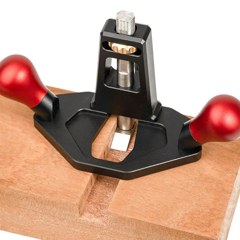 Tough As Nails Handheld Router Plane Featuring Adjustable Stainless Steel And Ebony Blades on wood surface for precise edge trimming.