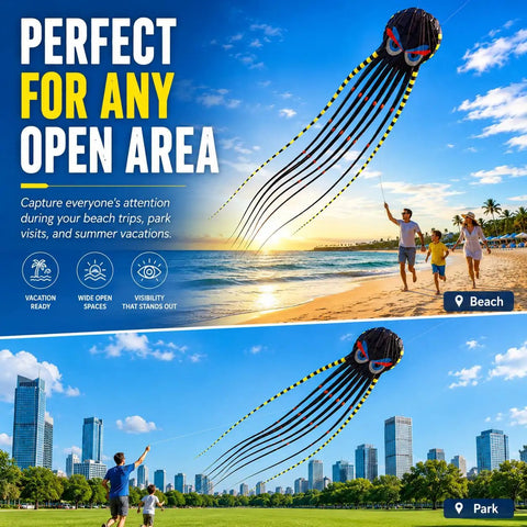 Giant 26 Foot 3D Octopus Kite With String In Blue Sky Foil Style Soaring High Over Beach And Park, Perfect For Family Fun