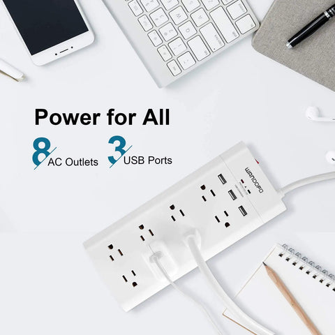 8 Outlet Power Strip With 6 Ft Extension Cord, 3 USB Ports, 1625W Surge Protector, 1050J Safety Rating in a desk setup