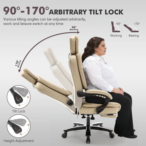 90-170 degree tilt beige 500lbs Capacity Big And Tall Office Chair With Lumbar Support PU Leather Heavy Duty Reclining Chair