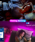 Woman in bed using Led Strip Lights 200ft Two Rolls For Bedroom With App And Remote Control 24V Color Changing Light Strips