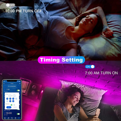 Woman in bed using Led Strip Lights 200ft Two Rolls For Bedroom With App And Remote Control 24V Color Changing Light Strips