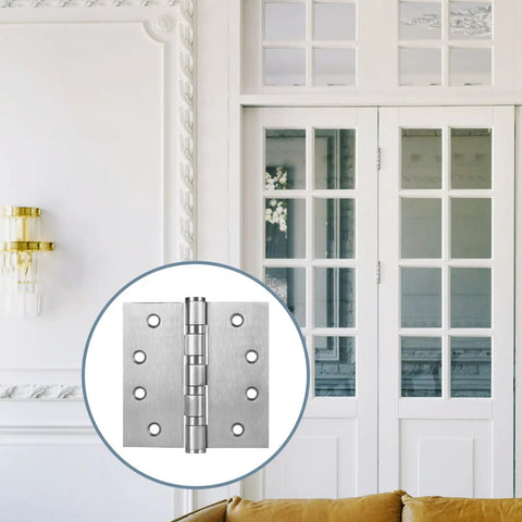 Six Pack Stainless Steel 4 Inch Door Hinges Set With Ball Bearing, Heavy Duty Square Corner Hinge For Exterior And Interior Doors, Satin Nickel Finish, Includes 48 Matching Screws on white French doors