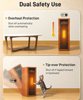 Dual safety features of Blazing Warm 1500W Electric Space Heater, Walnut Finish showed with a cat interacting with the unit.