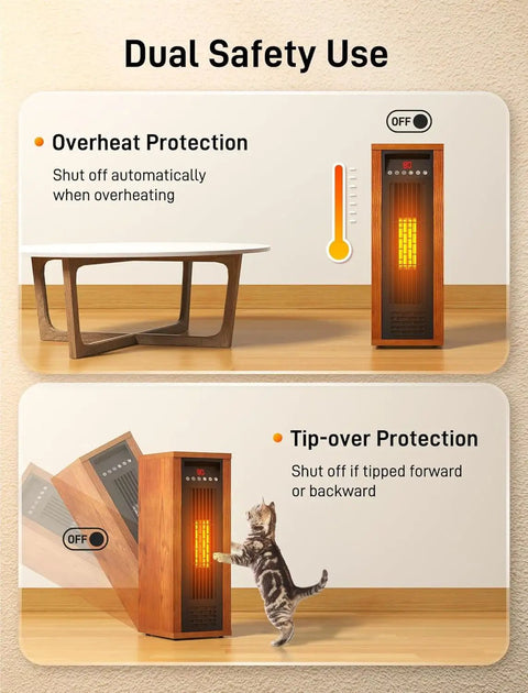 Dual safety features of Blazing Warm 1500W Electric Space Heater, Walnut Finish showed with a cat interacting with the unit.