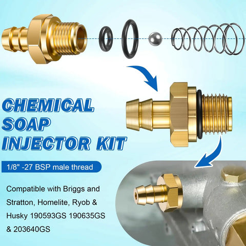 Gold chemical soap injector kit for pressure washers, compatible with Briggs and Stratton, Homelite, Ryobi, and Husky models.