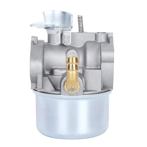Carburetor with silver float bowl and brass fuel inlet on gray aluminum body (front view)