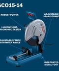 GCO15 14 Inch Abrasive Cut Off Machine With 15 Amp Motor, shown with adjustable fence and robust design on blue background.