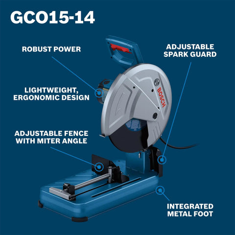GCO15 14 Inch Abrasive Cut Off Machine With 15 Amp Motor, shown with adjustable fence and robust design on blue background.