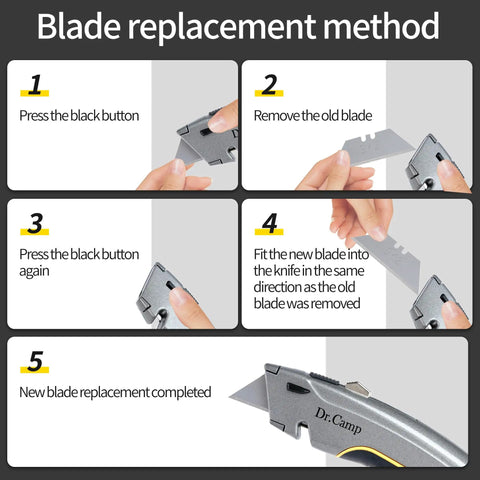 Retractable Utility Knife Heavy Duty Zinc Alloy Box Cutter With 3 SK2 Blades Safety Box Opener For Cardboard Carpet Leather And Packages Built Tough For Everyday Use And The Daily Hustle. blade replacement steps with zinc alloy knife and SK2 blade