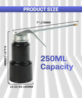 Badass Heavy Duty Metal Pump Oil Can With Comfort Grip Pistol Handle And Six Inch Spout, 250ML capacity shown with measurements.