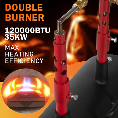 Portable Double Burner Propane Forge With Large Capacity For Blacksmithing Knife Making Tongs Tools And Farrier Work Heats Metals Up To 2600 Degrees Fahrenheit A True Workhorse For Bladesmiths Hobbyists And Metalworking Projects featuring red burners and heating element.
