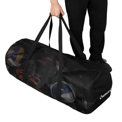 Person carrying XL Mesh Dive Bag For Scuba And Snorkel Gear, Heavy Duty Travel Duffle With Waterproof Pocket, Fits Mask, Fins, Snorkel