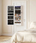 Open 6 LED Lighted Mirror Jewelry Cabinet With Wall Or Door Mount showing necklaces, earrings, rings, and makeup tools storage.