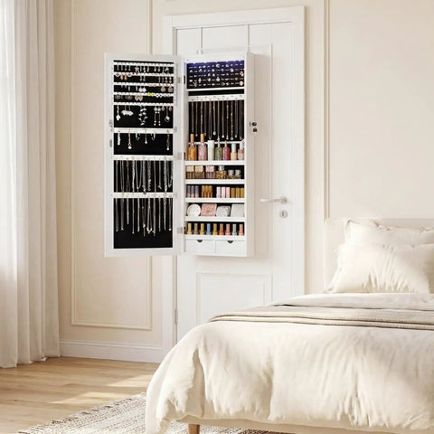 Open 6 LED Lighted Mirror Jewelry Cabinet With Wall Or Door Mount showing necklaces, earrings, rings, and makeup tools storage.
