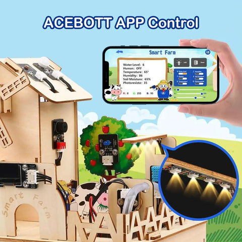 ESP32 IoT Smart Farm Kit for Arduino Scratch App Controlled STEM Coding Kit with Sensor Pack Hands On Wood House Building Toy Educational STEM Kit for Kids 12 Plus Learn Smart Agriculture and Home Automation; wood farm model with phone app control