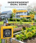 Smart WiFi Hose Timer With Brass Inlet And Dual Outlet Sprinkler Controller Weather Based Auto Irrigation That Skips Rainy Days App And Voice Control Soil Moisture Or Quantity Sensing For Your Yard, yellow dual-zone timer