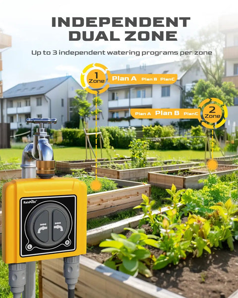 Smart WiFi Hose Timer With Brass Inlet And Dual Outlet Sprinkler Controller Weather Based Auto Irrigation That Skips Rainy Days App And Voice Control Soil Moisture Or Quantity Sensing For Your Yard, yellow dual-zone timer