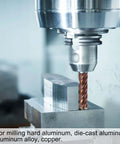 Close-up of carbide square end mill cutting aluminum on CNC mill; 6mm dia, 50mm shank, TiSiN coated, 4-flute