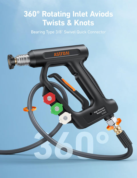 Short Pressure Washer Gun With Swivel, 4060 PSI Max, Four Nozzles, Three Eighths Inch Swivel Quick Connect, Black