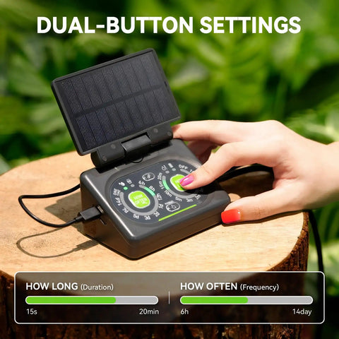 Hand adjusting settings on Programmable Solar Drip Irrigation System For Indoor Houseplants With Auto Shut Off Dual Powered Self Watering Device