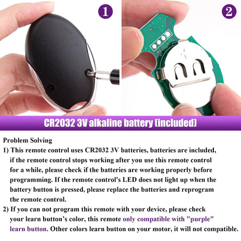 Purple Learn Button 315MHz Garage Door Remote Keychain 2 Pack Universal Replacement battery installation steps