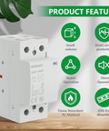 Silent Heavy Duty 40A AC DC Contactor 2 Pole 2NO With 120V Coil on wood background, showcasing features like flame retardant material.