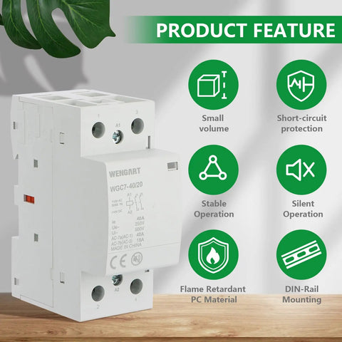 Silent Heavy Duty 40A AC DC Contactor 2 Pole 2NO With 120V Coil on wood background, showcasing features like flame retardant material.